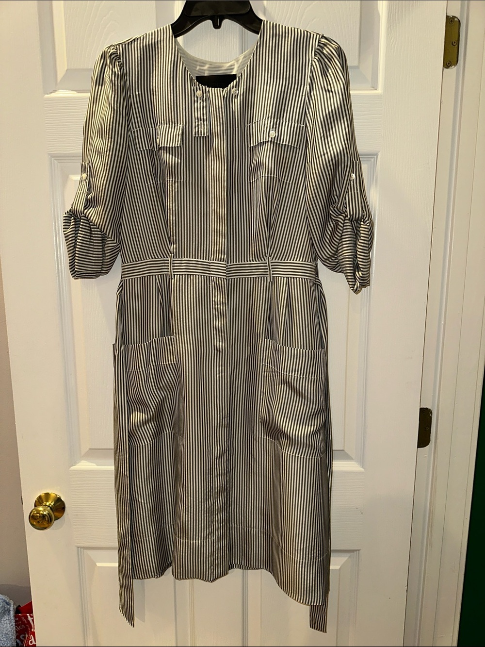 J. Crew Silk Black and White Striped Button-Front Shirt Dress